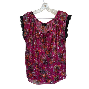 Y2K Grunge Fairy Sheer Floral Top Lace Trim Magenta Goth Blouse L